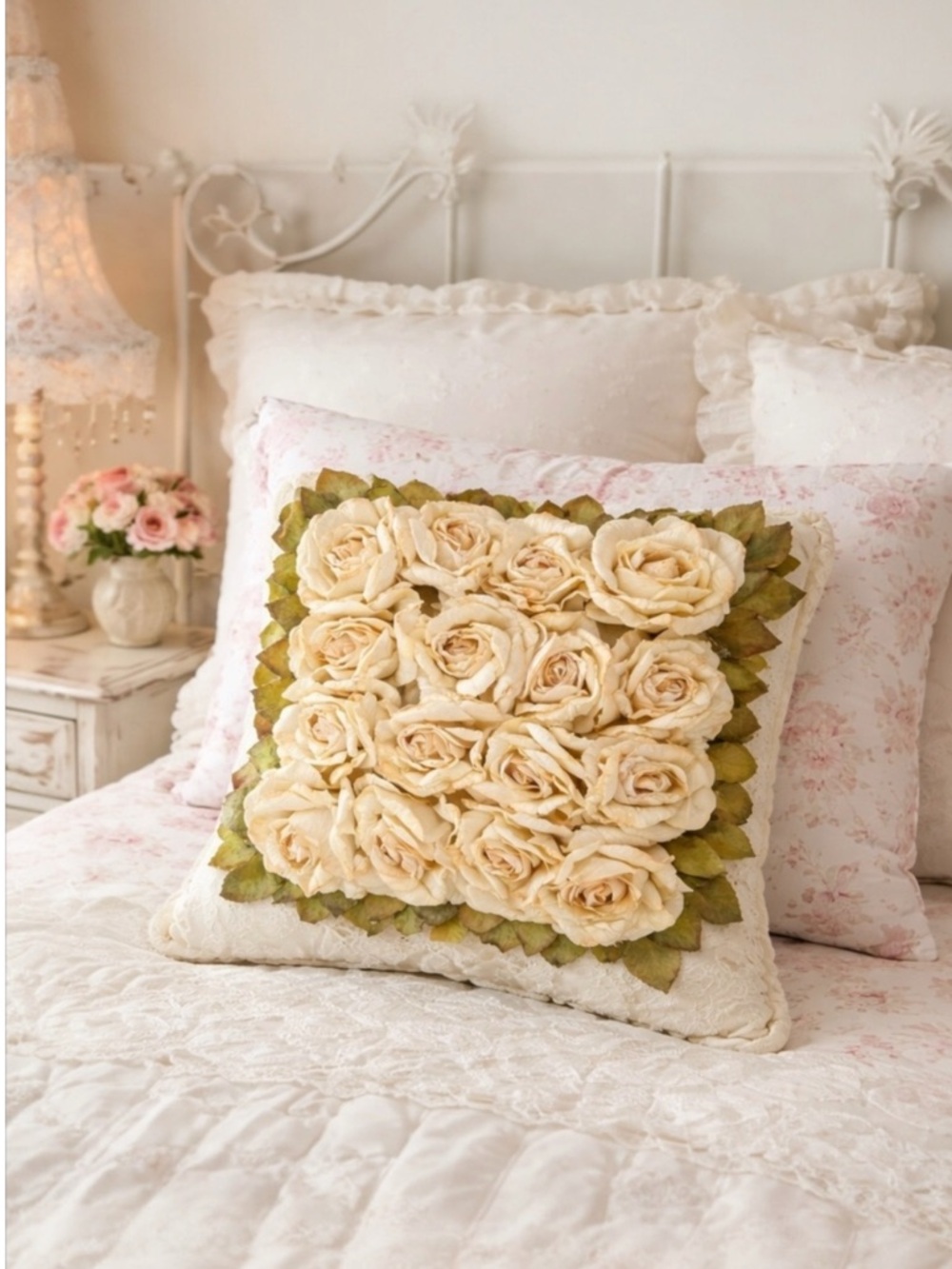 Vintage Handmade Pillow 3D Silk Flowers French Country Cottage Cream Ivory Roses - Picture 3 of 9